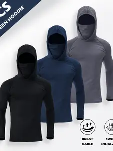 3 Piece Set Sun Protection Hoodies, Outdoor Breathable Fabric, Moisture-Wicking, Fitted Long Sleeve, Casual Spring & Fall Wear, Outdoor Sportswear