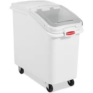 Commercial Products Shelf-Storage Ingredient Bin With Scoop, 500-cup capacity, Plastic, White, Sliding Lid, Container with Wheels for Kitchen/Restaurant Food Organization