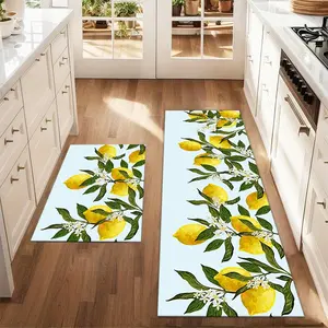 2Pcs Summer Lemon Floor Mat Set Blue Background Lemon Leaf Printed Carpet Farmhouse Anti Fatigue Kitchen Carpet Non Slip Washable Winter Kitchen Restaurant Floor Laundry Room Decoration Carpet Mat Kitchen Runner Rug Washable Kitchen Rugs