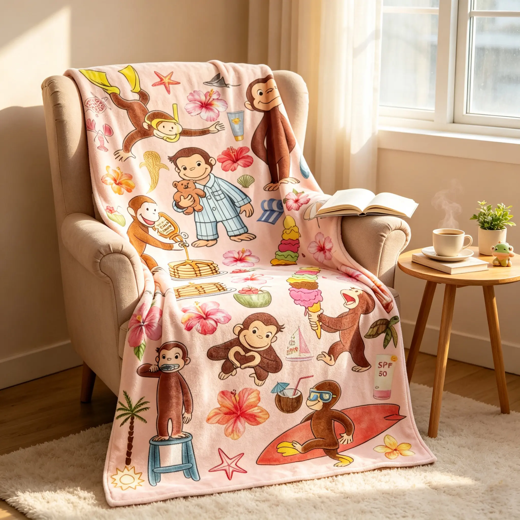 Curious George Tropical-Pajama Collage Fleece Throw Blanket, Beach Surf Adventure Colorful Print, Plush Blanket Throw for Kids’ Children’s Room, Flannel Look Bedding Accessory, Throw Blankets, Fleece Fabric