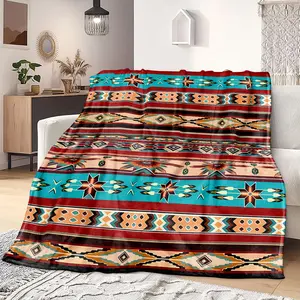 Native Tribe Striped Aztec Print Blanket, Plush Flannel Throw, Soft Lightweight Fleece Blanket for Adults, Boys and Girls, Lightweight Cozy Blanket, Perfect Holiday Gift