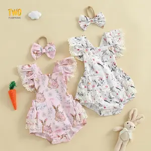 Baby Girls Easter Romper Outfits Flower Bunny Print Onesie Lace Trim Flying Sleeve Spring Romper Bow Headband