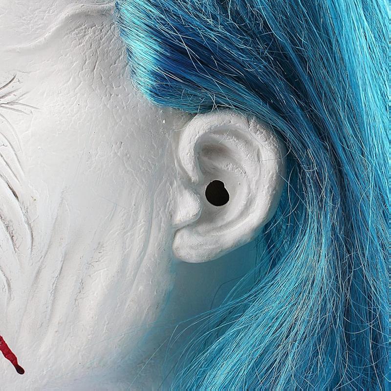 Scary Adult Clown Mask Masquerade Halloween Laughing Killer Joker Costume Prop with Blue Hair Latex Material for Mardi Gras and Costume Parties
