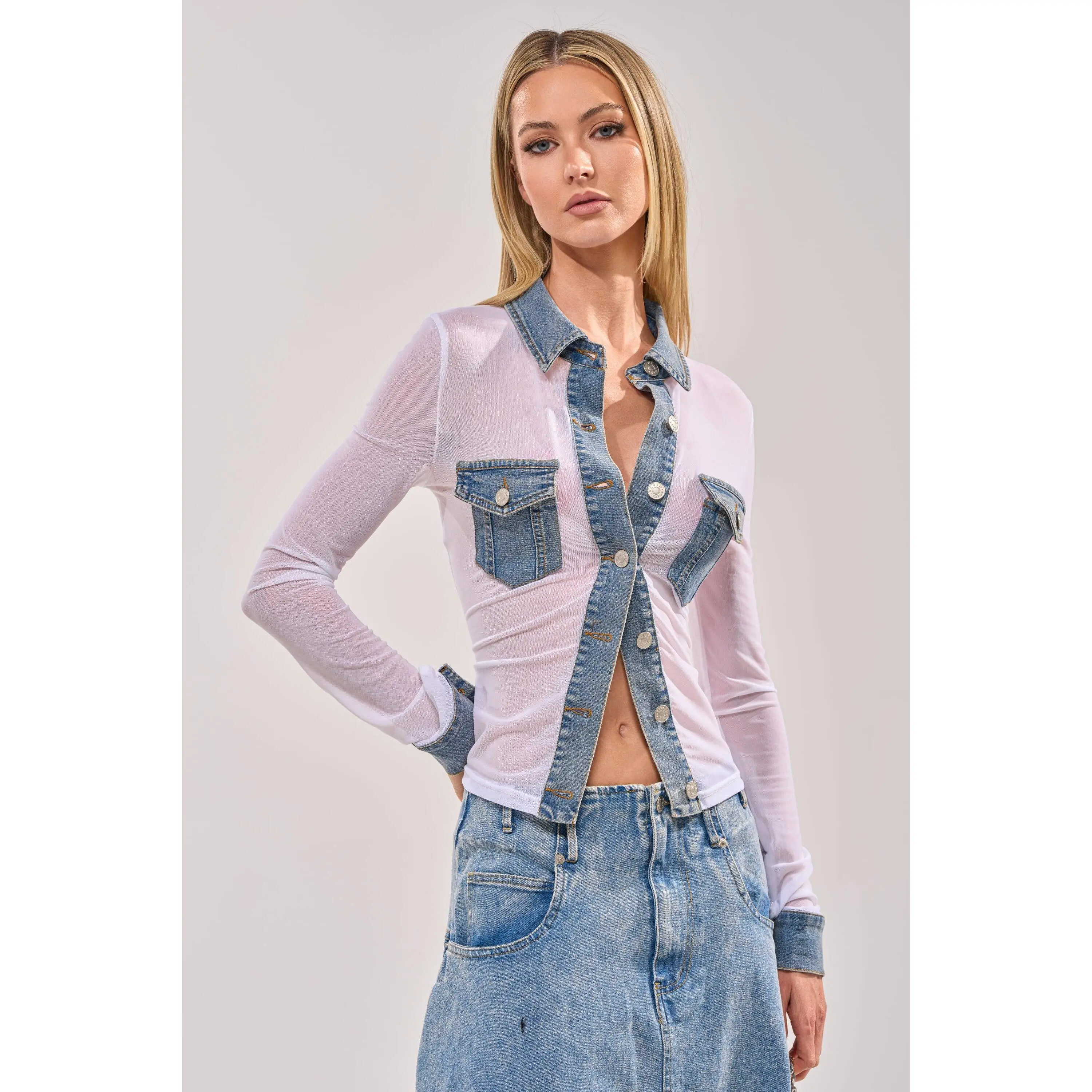 DIFFERENT DENIM LOVE WHITE MESH BUTTON DOWN