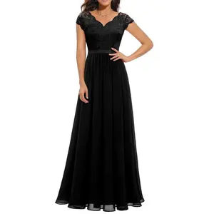 Women’s long evening gown, solid color lace patch backless V-neck elegant dress, simple clothing fashion formalGARMENTARY