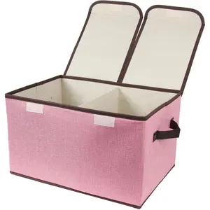 Foldable Fabric Storage Box 16.5 x 11.8 x 9.8 inches with Double-Lid & Dividers Large Organizer for Home Closet Office Pink