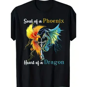 Bold Design Men's Phoenix & Dragon Graphic T-Shirt - Soul of a Phoenix, Heart of a Dragon Design, Black Cotton Crew Neck Tee, Casual All-Season Wear, 220gm, Short Sleeve, Regular Fit, Dragon T Shirt