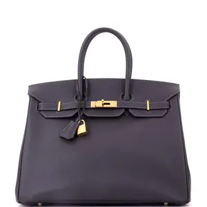 Pre-owned HERMÈS Leather Top Handle Bags Hermes Birkin Handbag Grey Epsom with Gold Hardware 35 by Rebag