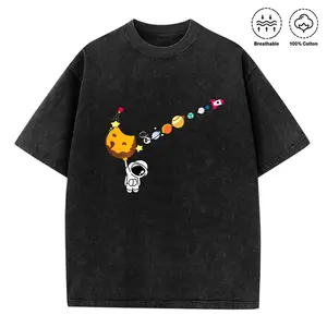 Washed T-shirt Men's fashion cotton graphic T-shirt featuring space planet elements, breathable and comfortable, machine washable, unisex design, perfect for summer casual wear.