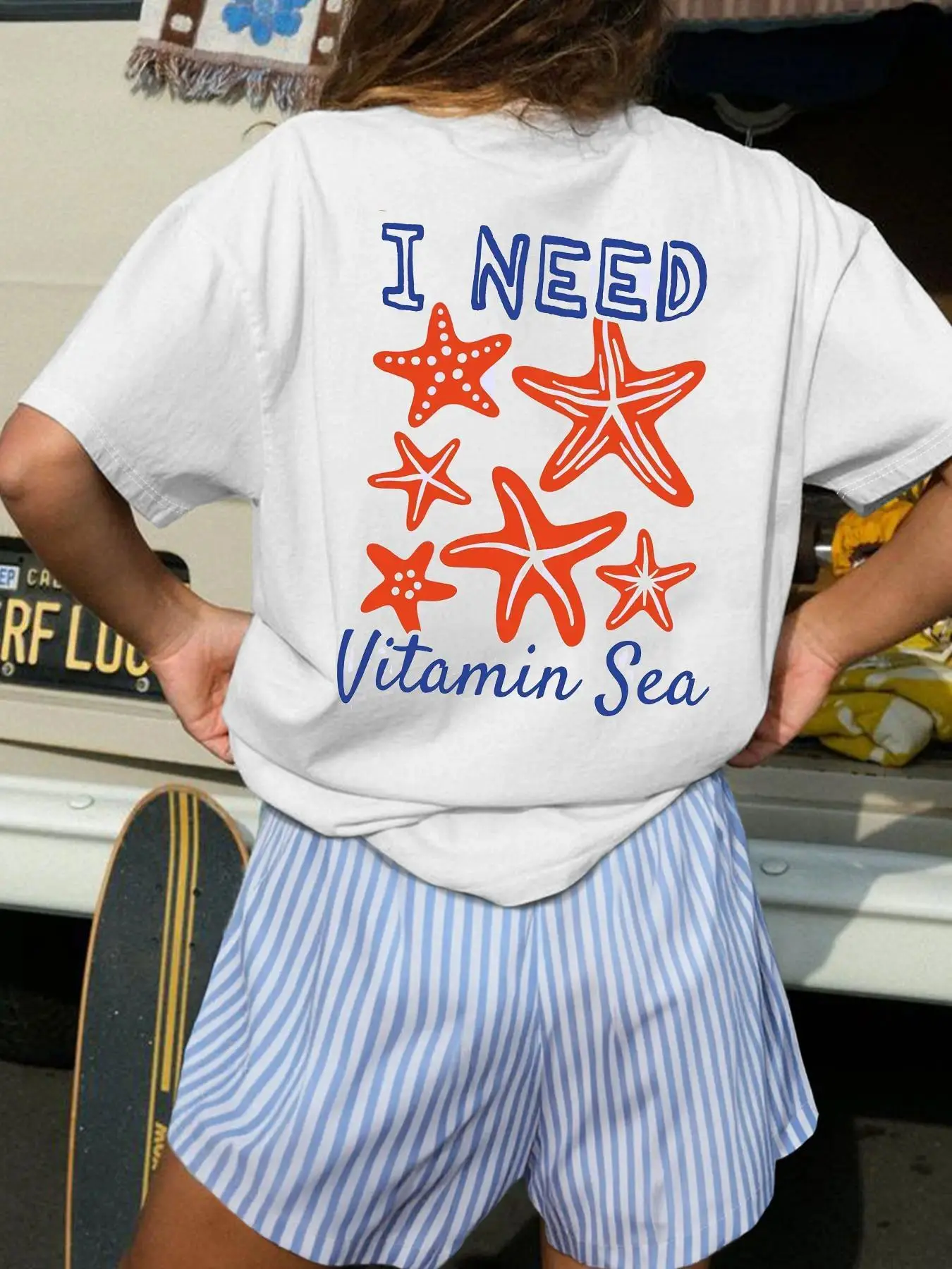 Women’s Cotton Two Piece Set Cartoon Starfish Print T-Shirt Shorts Set Casual Loose Fit Round Neck Short Sleeve Soft Breathable Summer Vacation Outfit Preppy Chic Airport Style Matching Set Fashion Top