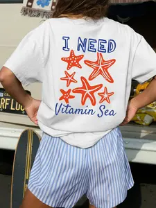 Womens Two Piece Outfit Cartoon Starfish Print Short Sleeve T Shirt And Shorts Set Soft Cotton Breathable Loose Comfortable Fit Round Neck Preppy Chic Trendy Aesthetic Summer Vacation Airport Casual Fashion Set