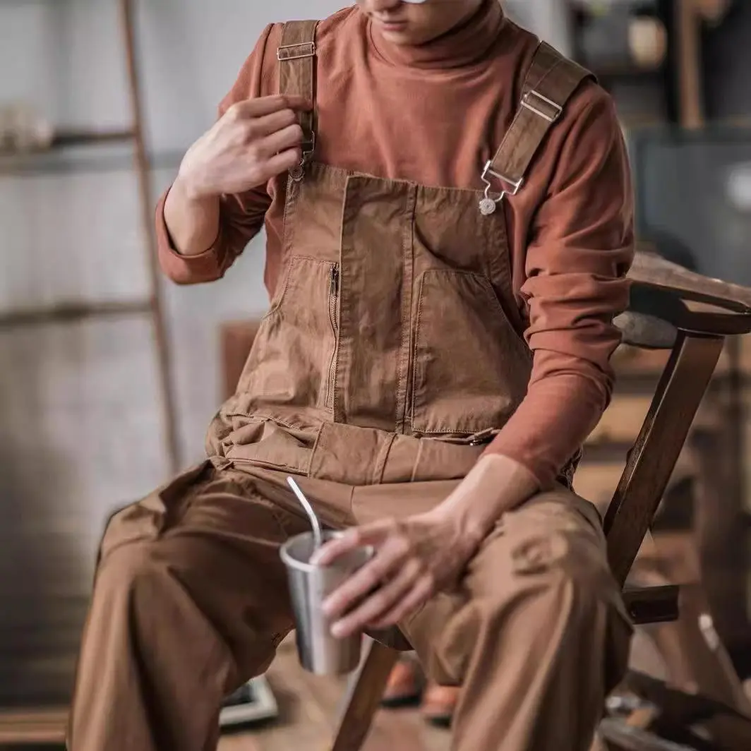 Men's American Vintage Amekaji Style Washed Cargo Overalls - Loose-Fit Menswear Casual Suspender Jumpsuits for Daily Wear, Baggy Overalls, All-In-One Overalls