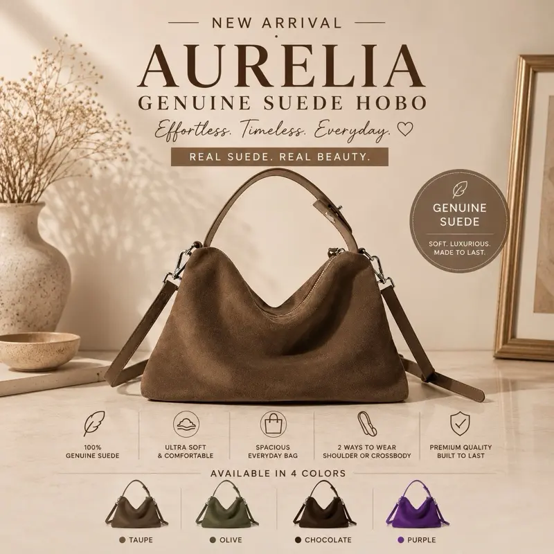 Genuine Suede Hobo Bag for Women, Elegant Convertible Shoulder to Crossbody Purse with Ample Space for Daily Use and Events, Everyday Purse, Casual/Semi, Daily/Events
