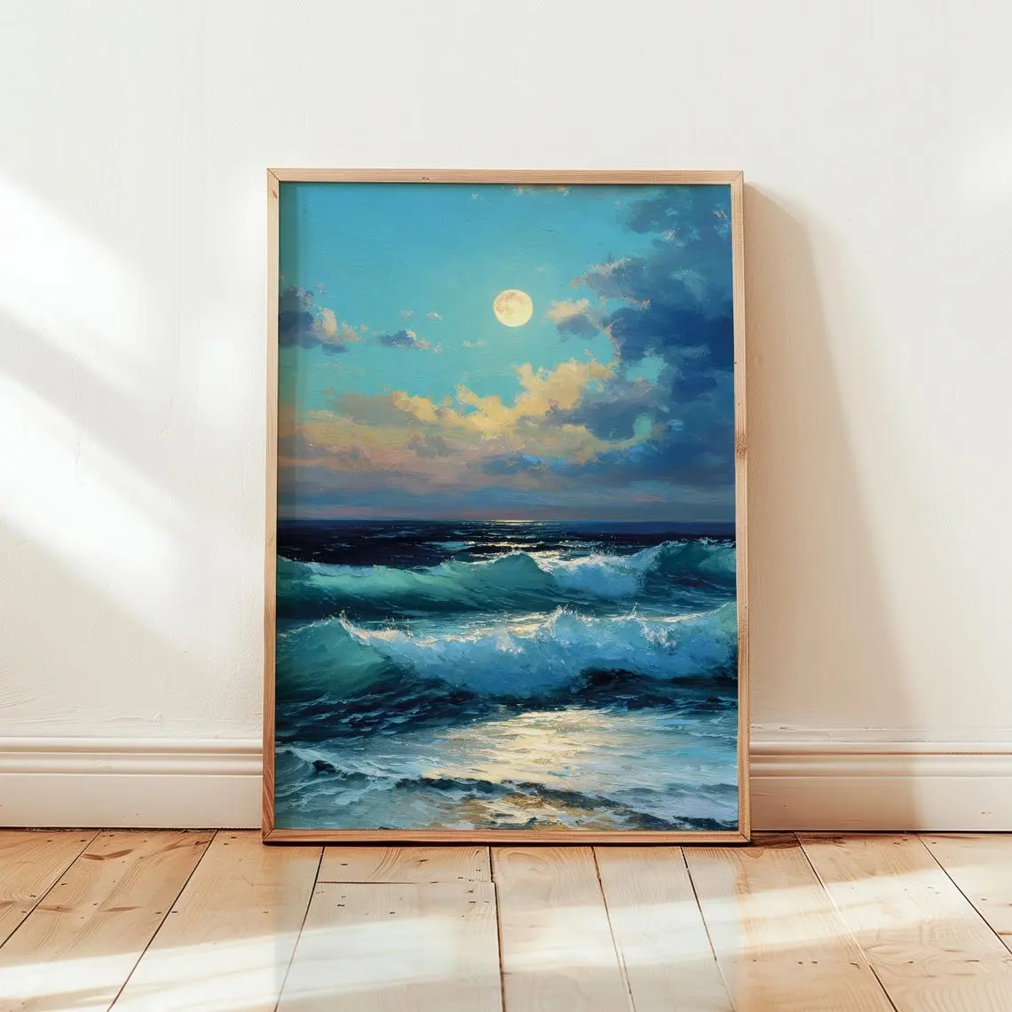 Moonlit Ocean Wave Wall Art Print, Blue Seascape Painting with Full Moon and Stormy Waves, Coastal Bedroom or Living Room Decor, Anniversary Gift for Sea Lovers