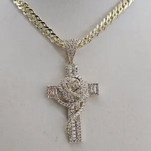 (90) 14K Gold Plated Cross with Rhinestone for Men with spanish Chain 8mm 24in