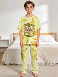 Summer New Chicken Banana Print Short Sleeve Sleepwear Set, Fire Retardant Fabric, Casual Comfortable Soft Fruit Print Pajamas for Boys
