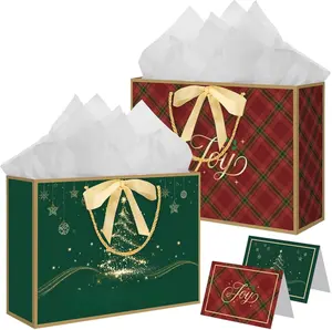 2 Pcs Christmas Gift Bags with Handles, 14" Medium Red and Green Gift Bags with Tissue Paper, Cards & Ribbons for Christmas Presents and Party Decoration