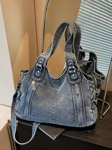 Retro light luxury texture large capacity tote bag, multi zipper pocket decoration design, fashionable personalized and practical multi back hand-held shoulder bag, suitable for outdoor travel and daily commuting, Casual Shoulder Bag, Trendy Commuter Bag