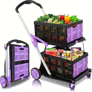 Multi use Functional Collapsible Carts,Mobile Folding Trolley,with Wheels & Removable Basket Carries,2 baskets included,Adjustable Foldable rolling trolley for home,grocery,supermarket. Lightweight,Purple Trolley Storage Crate Portable