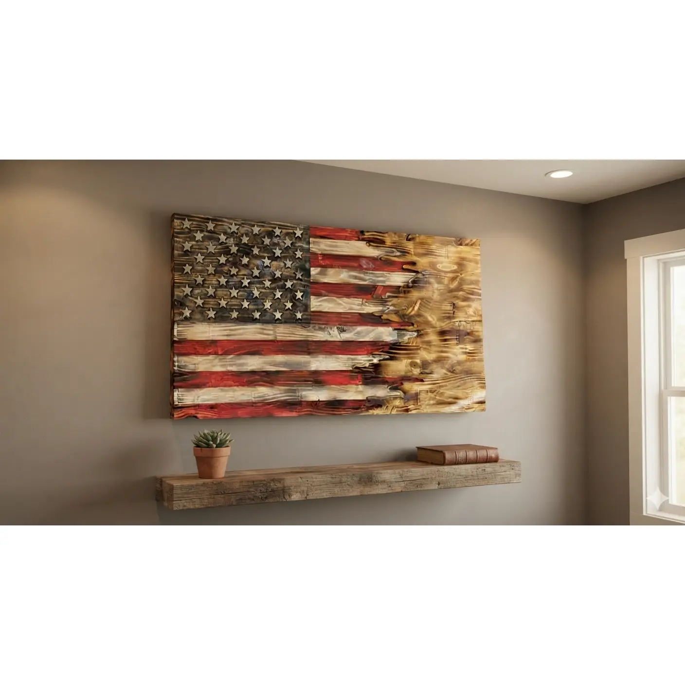 28" x 15" Solid Wood Military/Religious Carved Tattered Flag Wall Hanging, Bedroom Home Decor, Ideal Gift for Home Supplies Enthusiasts