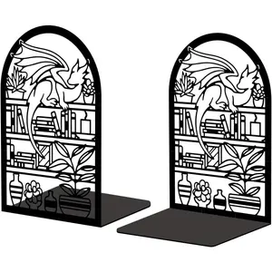 Metal Bookends for Shelves, Modern Decorative Heavy Duty Study Book Support Stoppers for Office, Desk, Shelf, Room 5.3"x4.3"x7.9" Cast Iron Bookends, 1 Pair (Cartoon Dragon and Bookcase)