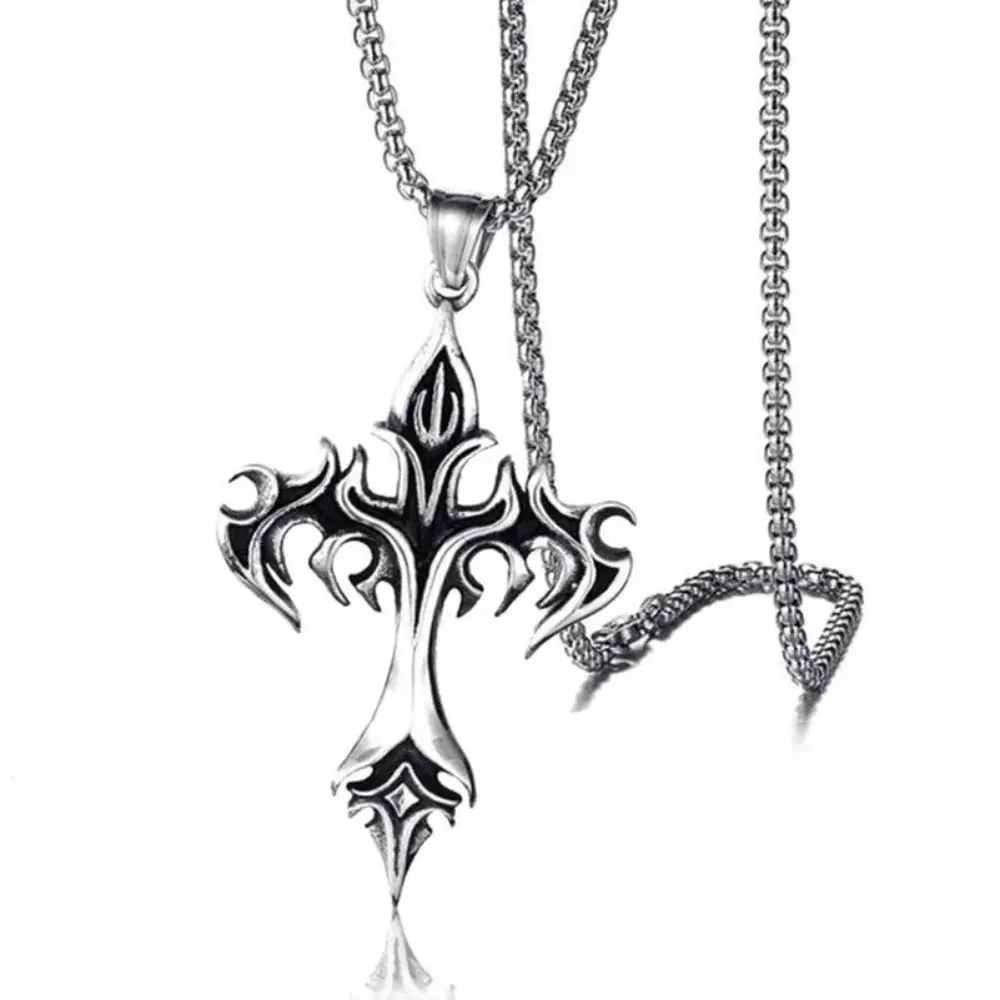 Men's Retro Flame Cross Necklace with Stainless Steel Pendant, 60cm Long Zinc Alloy Link Chain, Antique Finish Religious Jewelry, Necklaces, Male, Chain & Link, Evening, Elegant, Religious Wear, Chain Length 60Cm tiktokshopbacktoschool
