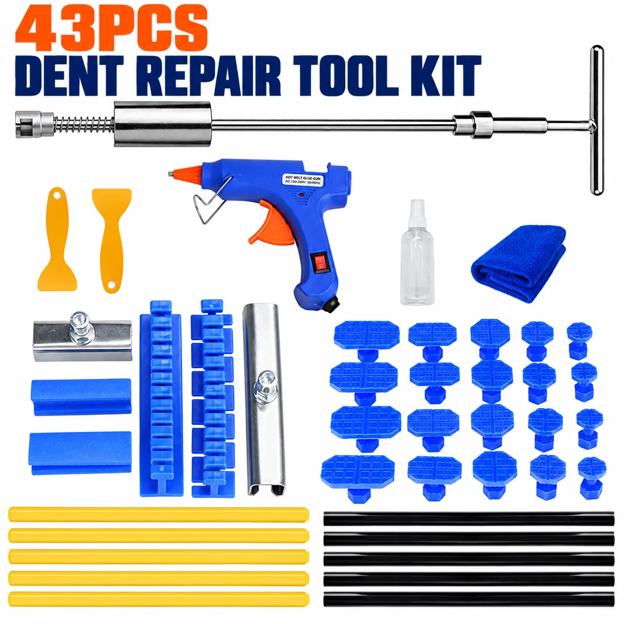 43PCS Car Dent Repair Kit, Paintless Dent Removal Puller Tool Set with Slide Hammer T-Bar, Hot Melt Glue Gun & Lifter Tabs for Auto Body Hail Damage & Door Dings Repair