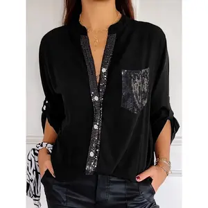 Women's Casual Loose Fit V-Neck Sequin Patch Shirt - Black Long Sleeve Machine  Blouses Fabric