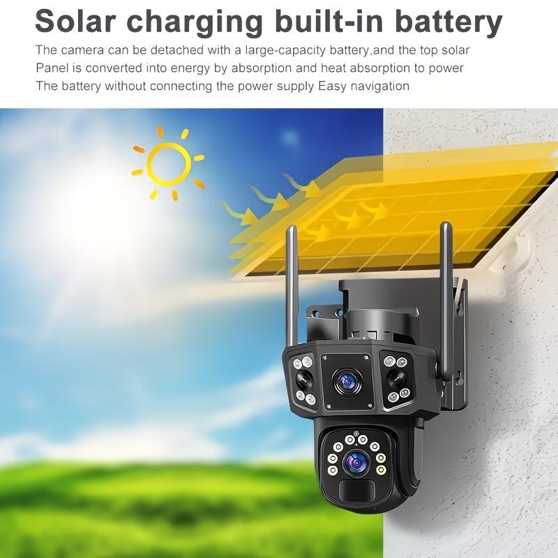 4K/8MP Solar-powered Outdoor Security Camera, 2.4GHz Wi-Fi, Pan/tilt, Dual Lenses, PIR Human Detection, Color Night Vision, Two-way Audio, Home Solar-powered Security Camera | Wireless Outdoor 355° Panoramic View, IP66
