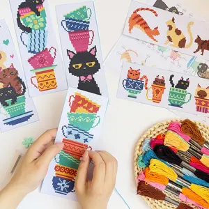 6-Piece Tea Cup & Cat Cross Stitch Bookmark Kit, Beginner-Friendly Embroidery Set, Includes Fabric, Threads, Tools, Instructions