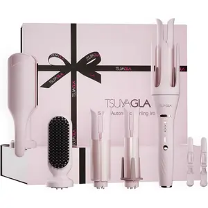5 in 1 Auto Curling Iron Set with Interchangeable Barrels - 1", 1.25", 1.5" Curling Wand, Hair Crimper & Straightening Brush, Rotating Ceramic Curler, 3 Temp, Dual Voltage, Anti-Scald, Pink
