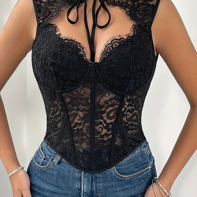 Women's Sexy Chic Lace Bra Top, Floral Mesh Sheer Fishbone Support Bodysuit, Y2K Style Sleeveless Tight Strap, French Vintage Party Nightclub Waist Cincher, Trend, Lace Lingerie Bodysuit, Shaping Bodysuit, Skinny Bodysuit, Stretch Bodysuit