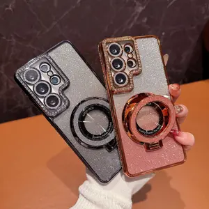 Phone Case: Suitable for Samsung S26Ultra S24 S23 S22 Phone Case with Glitter and Rhinestone Edges, Lens Film, S25P Magnetic Stand, Anti-drop Soft Cover