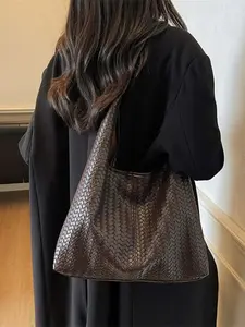 New Large Capacity Woven Slouchy Tote Bag, Vintage Solid Color Shoulder Clutch, Versatile Handbag for Commuting Travel Shopping