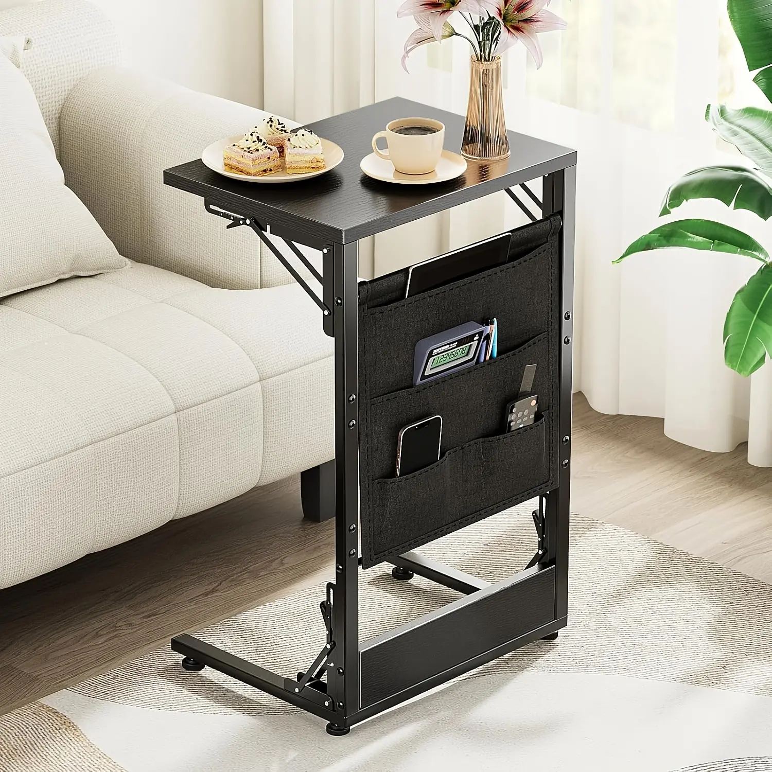 Folding Side Table End Couch Tables C-Shaped End Table, Couch Side Table with Storage Bag for Small Spaces, Slide Under Sofa Side Desk, Under Sofa TV Tray Snack Arm Tables for Living Room, Bedroom