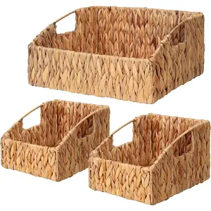 Water Hyacinth Storage Baskets, Handwoven Wicker Storage Bins with Built-in Handles, Storage Container Baskets for Shelves, Bedroom, Bathroom, Laundry Room or Kitchen(Set of 3)