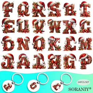 UV DTF Keychain Stickers Set, 24pcs Christmas Letter Theme, High Adhesion, Easy Peel, HD Print, DIY Decor for Cups, Bottles, Laptops, Home Decor