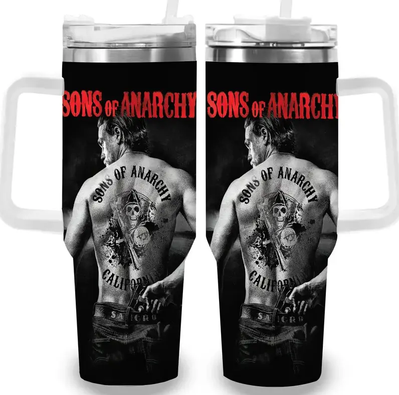 [Biker Collection] Sons of Anarchy Tattoo Style 40oz/20oz Tumbler with Handle & Straw, Stainless Steel Double Wall Vacuum Insulated Travel Mug, Motorcycle Club Tattoo Edition, Keeps Drinks Hot & Cold, Fits Car Cup Holder, Gift for Biker Fans