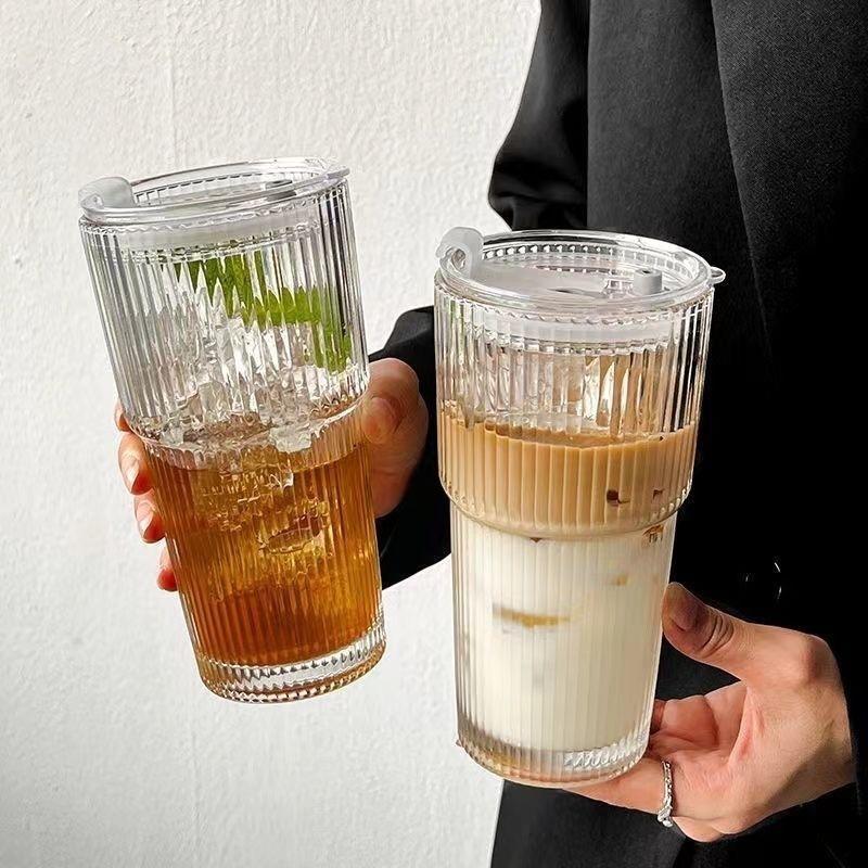 20oz Ribbed Glass Leakproof Tumblers Set of 2/4 with Lids & Straws Durable Reusable Leak-Proof Travel-Ready for Iced Coffee Smoothies Juice Cocktails Washable Stylish Drinkware