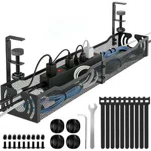 Cable Management, 25.3'' Under Desk Cable Management Tray No Drill, Metal Cable Organizer with Clamp for Wire Management, Cord Organizer for Home Office, Desk Accessories Organizer, Black