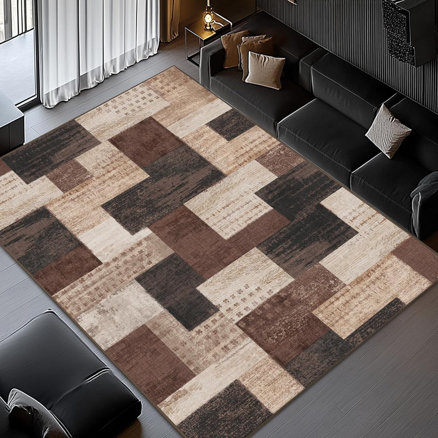 Modern Geometric Patchwork Rug Non Slip Backing Stain Resistant for Living Room Throw Carpet for Office Entryway Dining Room.