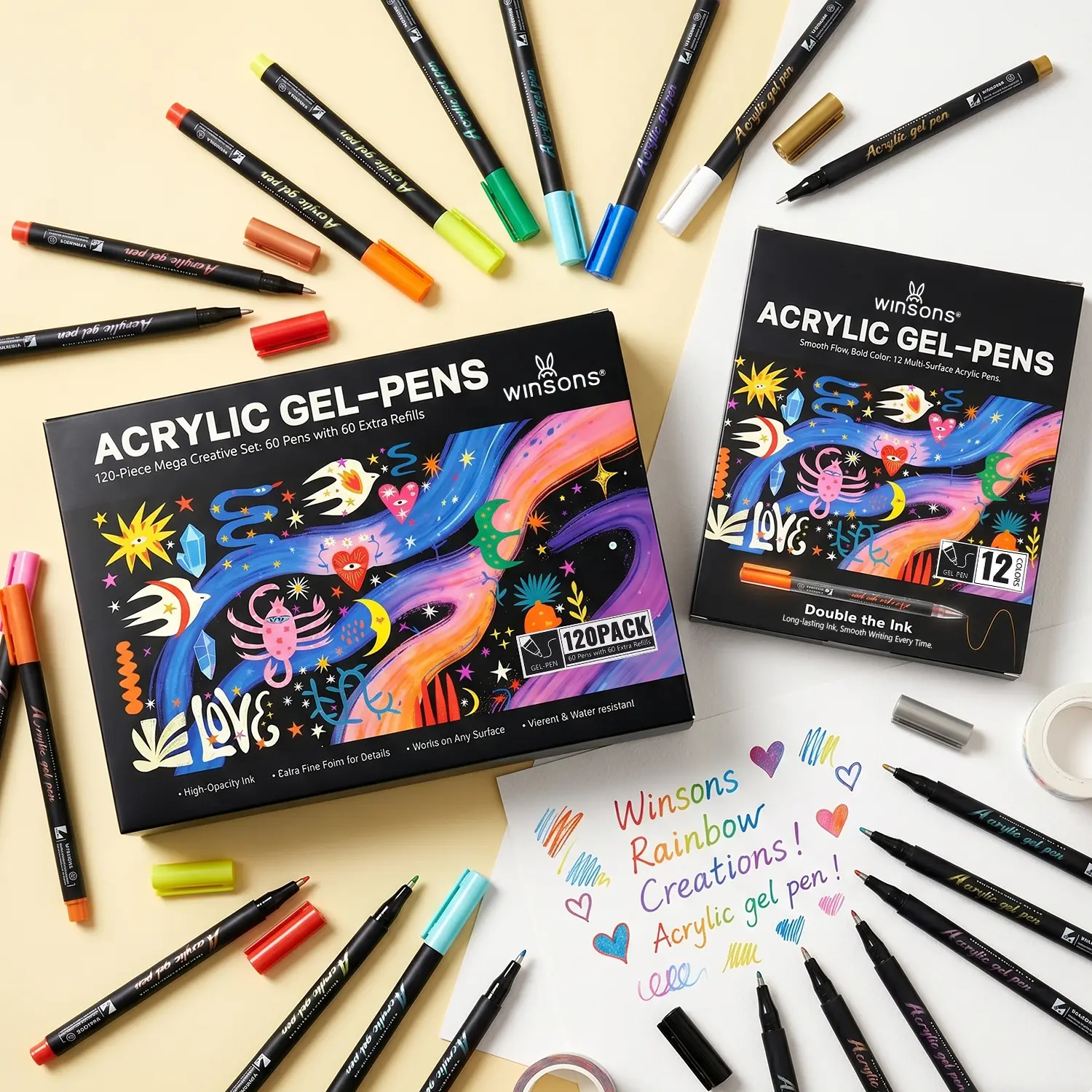 WINSONS 120pcs 1mm Fine Tip Acrylic Markers, 12-Color Trial Set, Waterproof Markers for Writing, Drawing, Coloring & DIY
