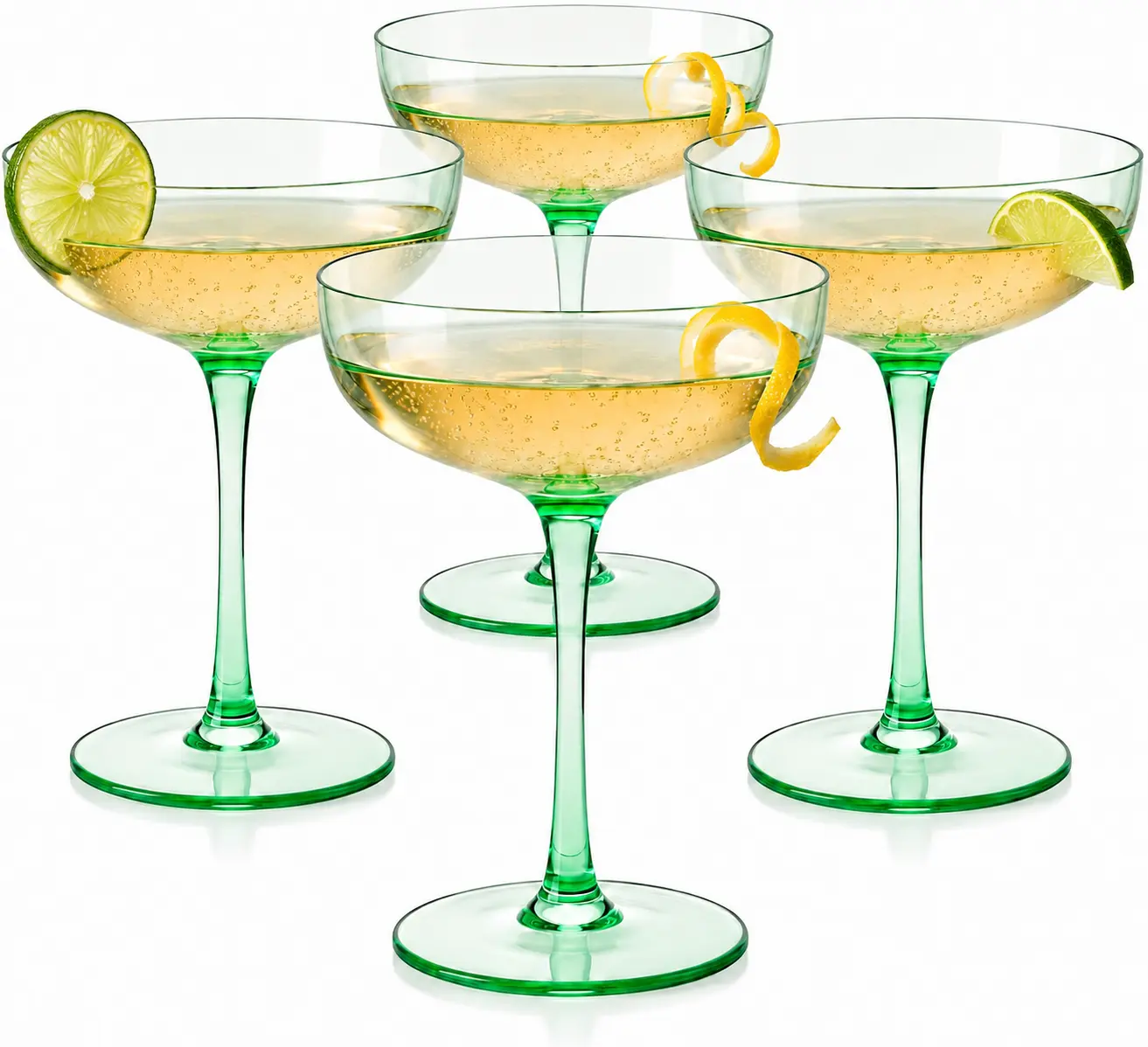 Green Colored Martini, Champagne and Cocktail Coupe Glass | 7oz | Set of 4 Colorful Valentine's Day Gifts Champagne & Glasses, Fancy Manhattan, Crystal Cocktails Barware Gifts (Mint Green)