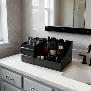 Men's Black Cologne Organizer with 7 Compartments & 2 Extra-Deep Drawers for Perfume Shaving & Skincare Essentials Sleek Design Waterproof Washable Ideal Gift for Boyfriend Husband Father or Friends