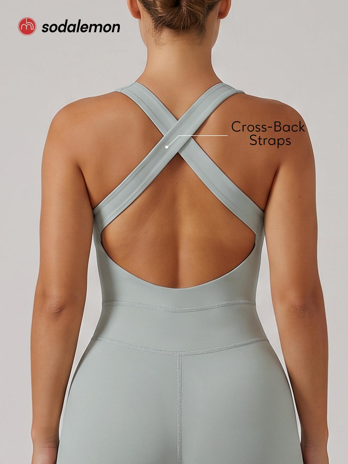 Sodalemon Women’s Workout Romper - Ruched Front, Cross-Back Cut, Sleeveless Fitted Biker Shorts Unitard for Pilates, Gym Fitness