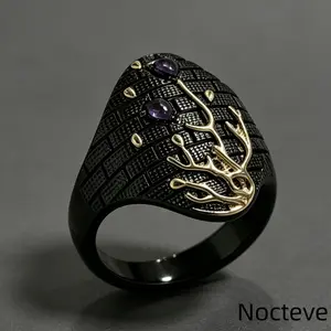Women’s Minimal Twig Branch Croc Texture Gunmetal Gold Dual-Tone Base Alloy Ring, Simulated Purple CZ Modern Daily Jewelry Urban Casual & Unique Elegant Feminine Lady Holiday Gift Wear
