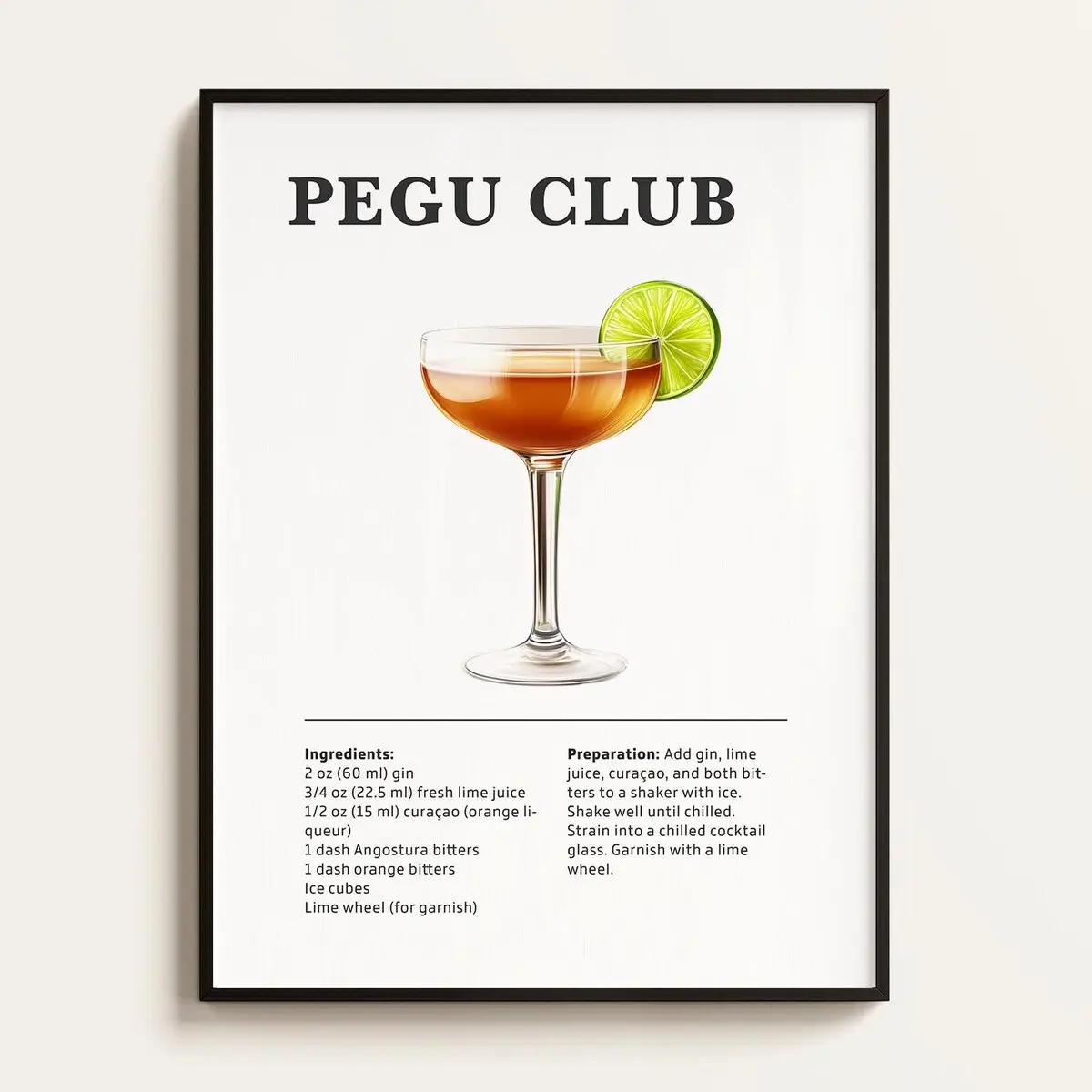 Pegu Club Cocktail Poster – Cocktail Recipe Wall Art, Bar or Kitchen Decor, Mixology Print, Cocktail Lover Gift, Unframe