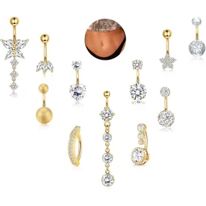 MILACOLATO 11Pcs Gold Belly Button Ring - Surgical Stainless Steel 14G Navel Belly Button Piercing Jewelry Hypoallergenic Dangle Belly Rings for Women Silver/Gold