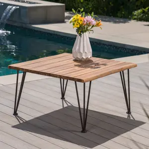 Industrial Coffee Table with Acacia Wood Top – Rustic Metal Frame, Indoor Outdoor Teak Finish, 32.5" Square Coffee Table for Patio, Backyard, Living Room