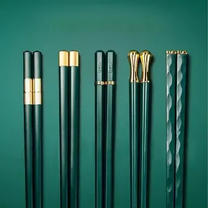 Modern Design Chopsticks - Reusable, Dishwasher Safe, Non-Slip Fiberglass, Golden and Lucky Green Multi Style, 5 Pairs, 9.5in/24cm, Great for , , Korean Cuisine